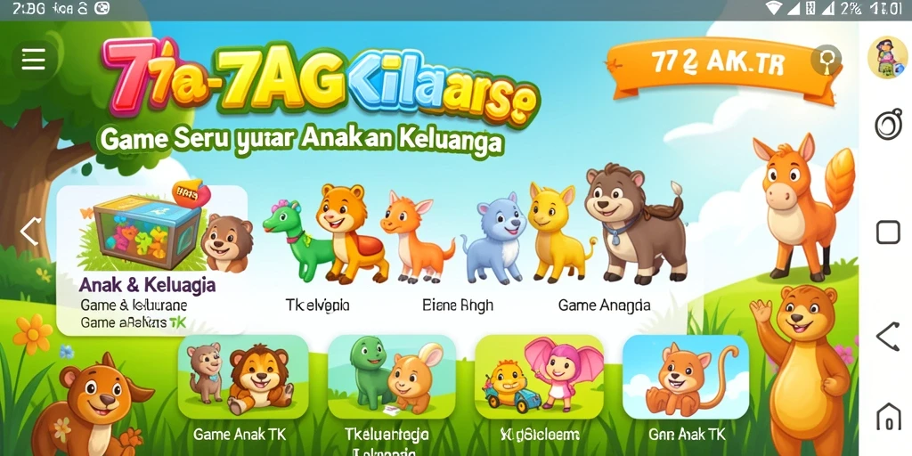 Screenshot antarmuka aplikasi 77AG dengan permainan edukatif untuk anak-anak.