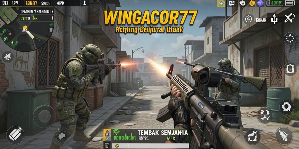 Tampilan antarmuka WINGACOR77 menunjukkan aksi tembak menembak yang dinamis.
